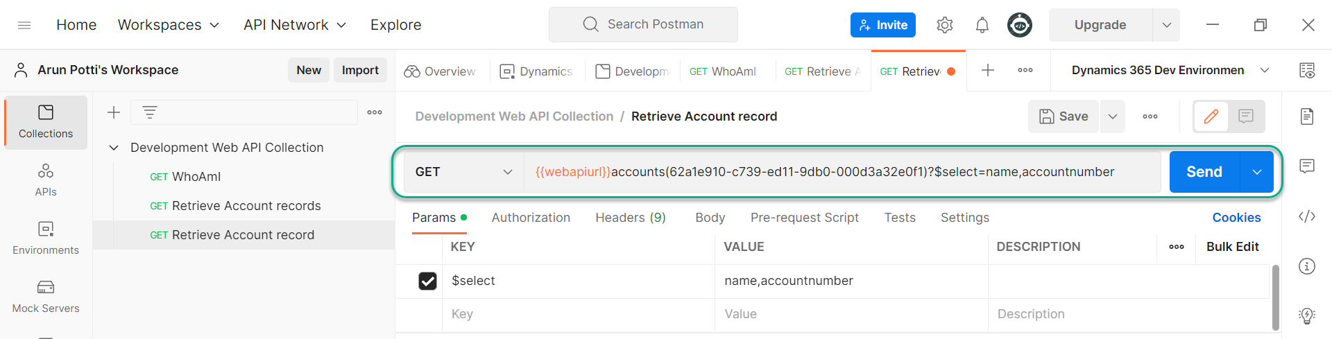 Retrieve A Particular Table Record From The Dataverse Environment In Postman